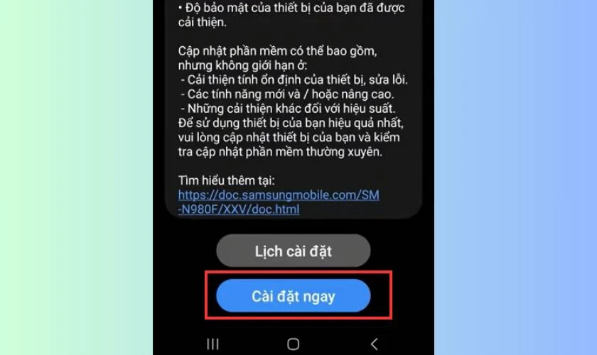 Chọn Cập nhật ngay để c&agrave;i đặt phần mềm v&aacute; lỗi cảm biến v&acirc;n tay Samsung