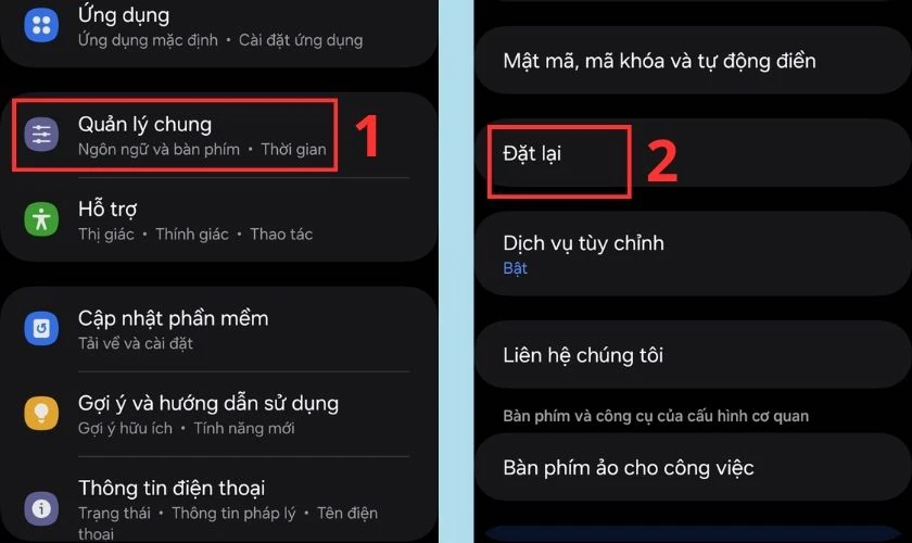 Chọn v&agrave;o Quản l&yacute; chung trong C&agrave;i đặt v&agrave; chọn Đặt lại