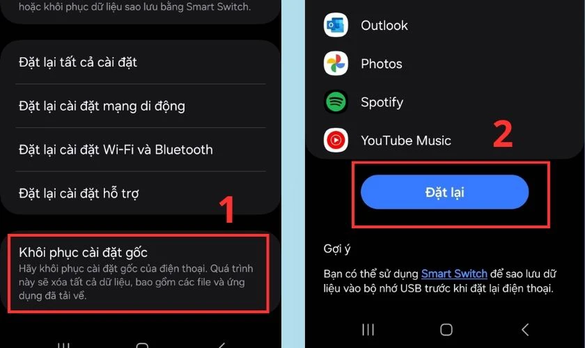Chọn v&agrave;o Kh&ocirc;i phục c&agrave;i đặt gốc rồi chọn tiếp v&agrave;o Đặt lại