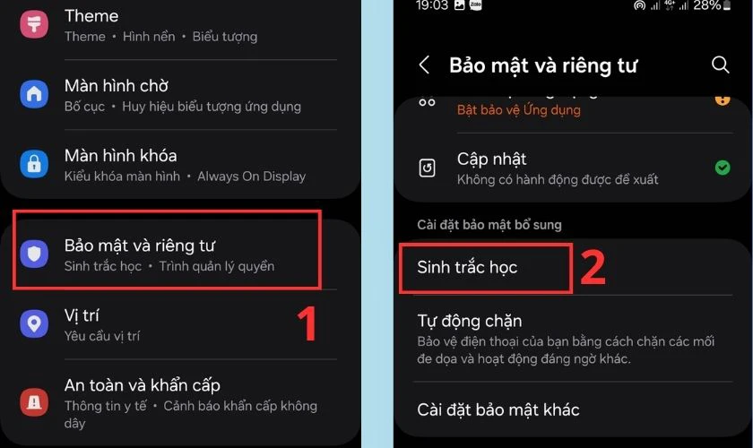 Chọn Bảo mật v&agrave; Ri&ecirc;ng tư v&agrave; nhấn Sinh trắc học