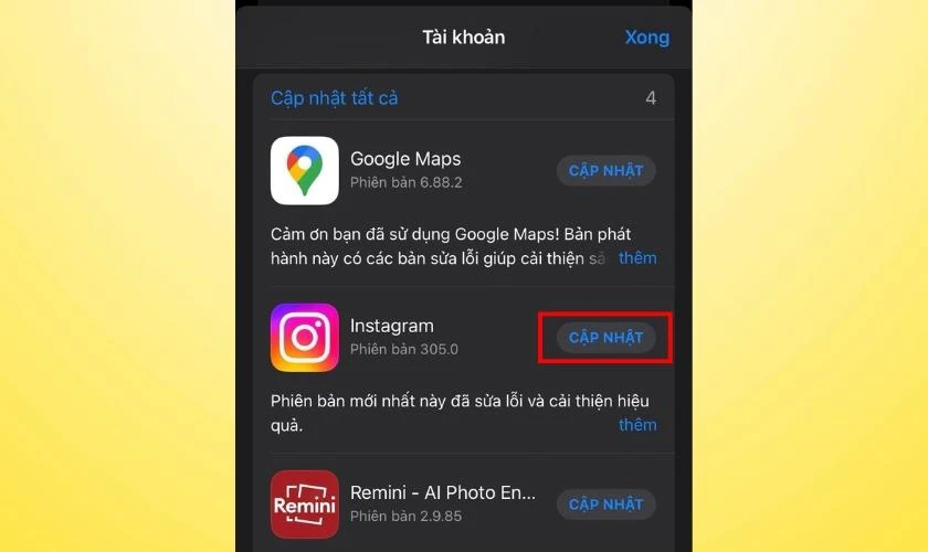 Bấm cập nhật v&agrave; đợi qu&aacute; tr&igrave;nh n&agrave;y ho&agrave;n tất