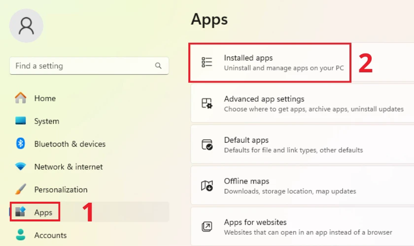 Chọn Apps, sau đ&oacute; nhấp v&agrave;o Installed apps