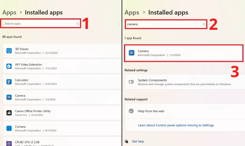 Nhập từ kh&oacute;a camera v&agrave;o thanh t&igrave;m kiếm Search app