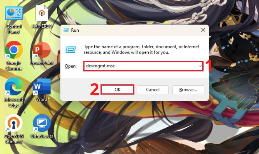 Nhập từ kh&oacute;a devmgmt.msc, sau đ&oacute; chọn OK hoặc nhấn Enter