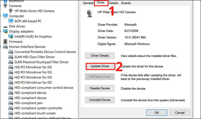 Chọn tab Driver, sau đ&oacute; chọn Update Driver