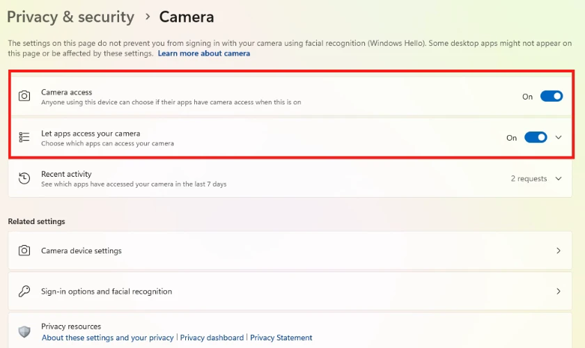 Kiểm tra trạng th&aacute;i của Camera access v&agrave; Let apps access your camera