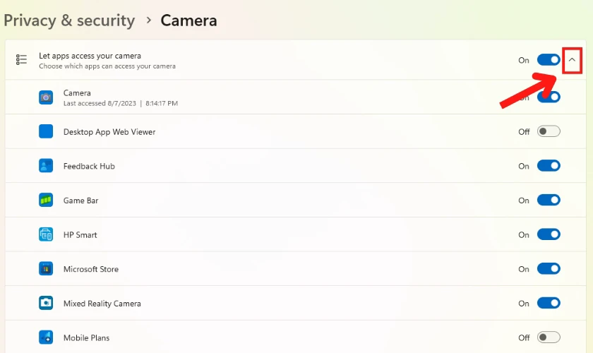 Nhấp v&agrave;o mũi t&ecirc;n tại mục Let apps access your camera để mở rộng danh s&aacute;ch ứng dụng