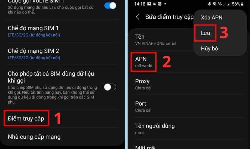 Chọn Điểm truy cập, sau đ&oacute; chọn APN v&agrave; Lưu để sửa lỗi điện thoại kh&ocirc;ng được đăng k&yacute; v&agrave;o mạng
