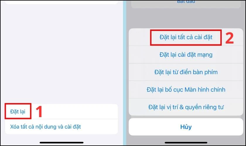 Chọn Đặt lại v&agrave; nhấn chọn Đặt lại tất cả c&agrave;i đặt