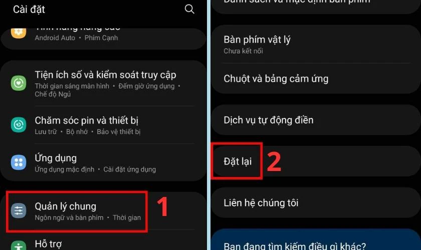 Nhấn v&agrave;o mục Đặt lại trong Quản l&yacute; chung