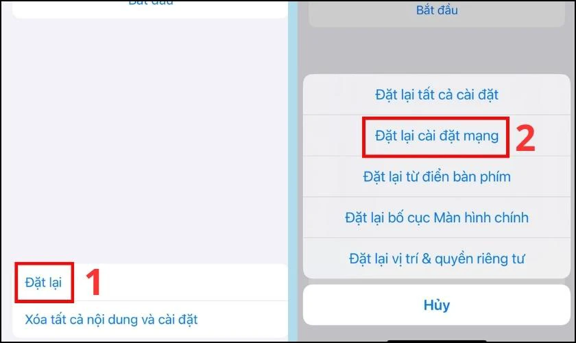 Chọn Đặt lại v&agrave; v&agrave;o mục Đặt lại c&agrave;i đặt mạng