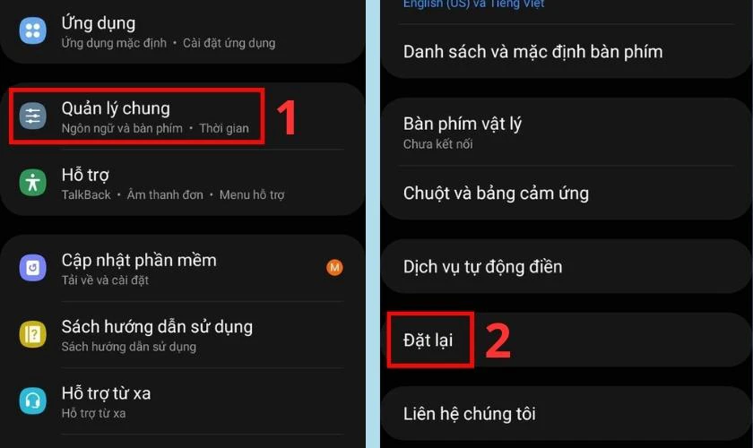 Chọn Quản l&yacute; chung v&agrave; chọn Đặt lại