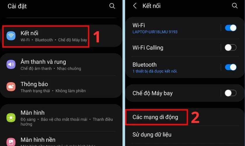 Chọn C&aacute;c mạng di động trong Kết nối
