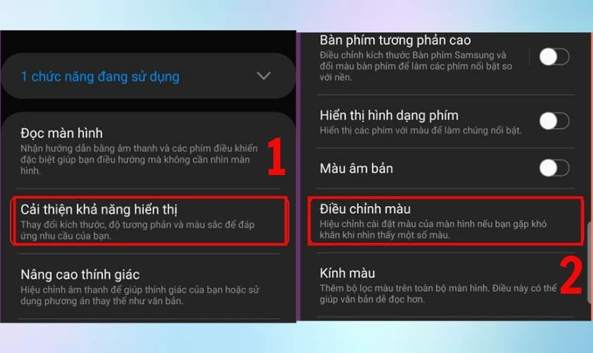 V&agrave;o Cải thiện khả năng hiển thị v&agrave; chọn Điều chỉnh m&agrave;u