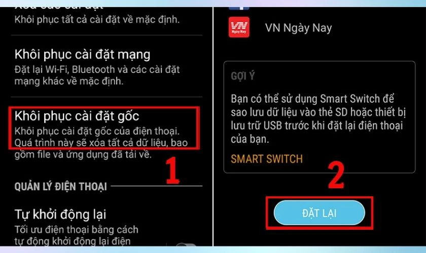 Chọn Kh&ocirc;i phục c&agrave;i đặt gốc v&agrave; nhấn Đặt lại