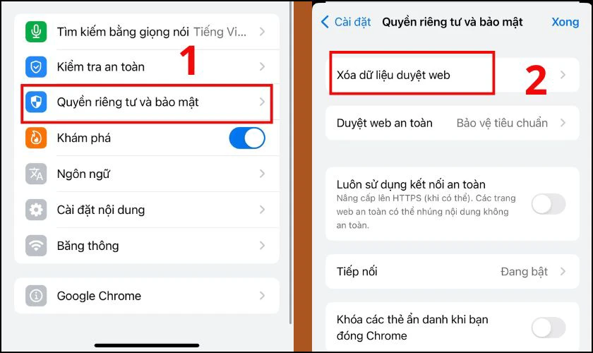 T&igrave;m Quyền ri&ecirc;ng tư v&agrave; bảo mật rồi nhấn X&oacute;a dữ liệu Web