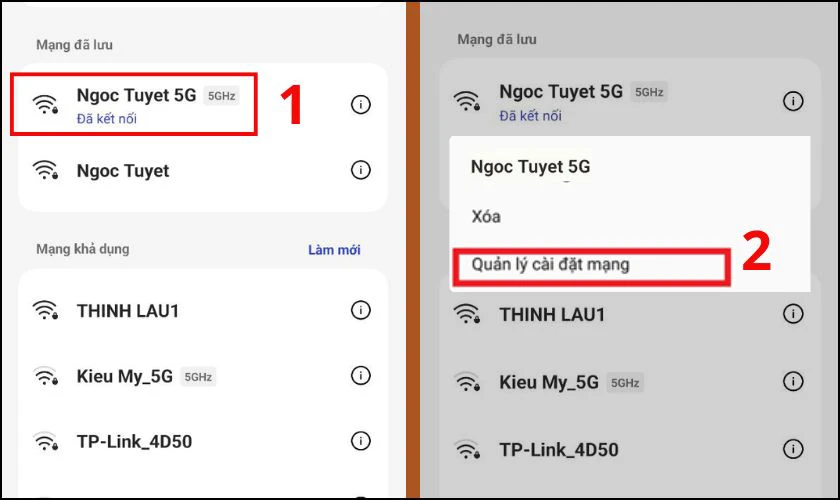 Nhấn giữ mạng Wi-Fi rồi chọn Quản l&yacute; c&agrave;i đặt mạng
