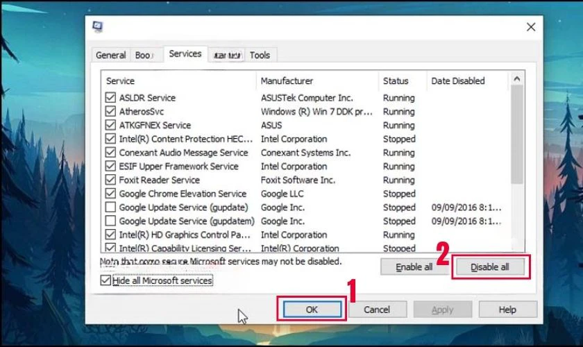 Nhấn Disable all để tắt tất cả các dịch vụ không cần thiết