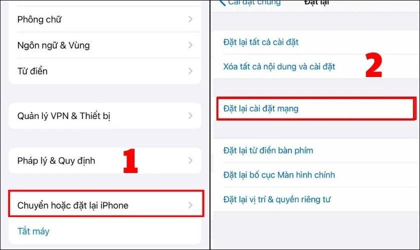 Chọn Chuyển hoặc đặt lại iPhone rồi bấm Đặt lại C&agrave;i đặt mạng