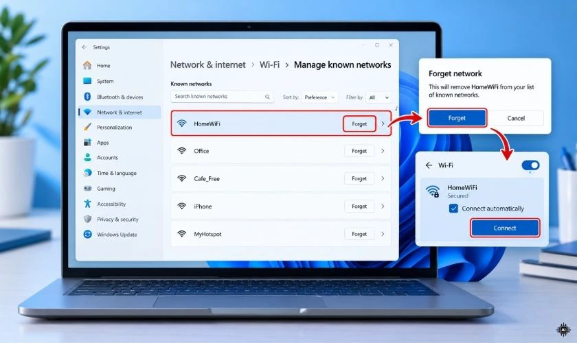 Quên mạng WiFi và kết nối lại