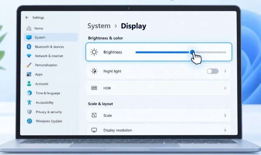 Tìm mục Brightness và thử di chuyển thanh trượt sang trái hoặc phải