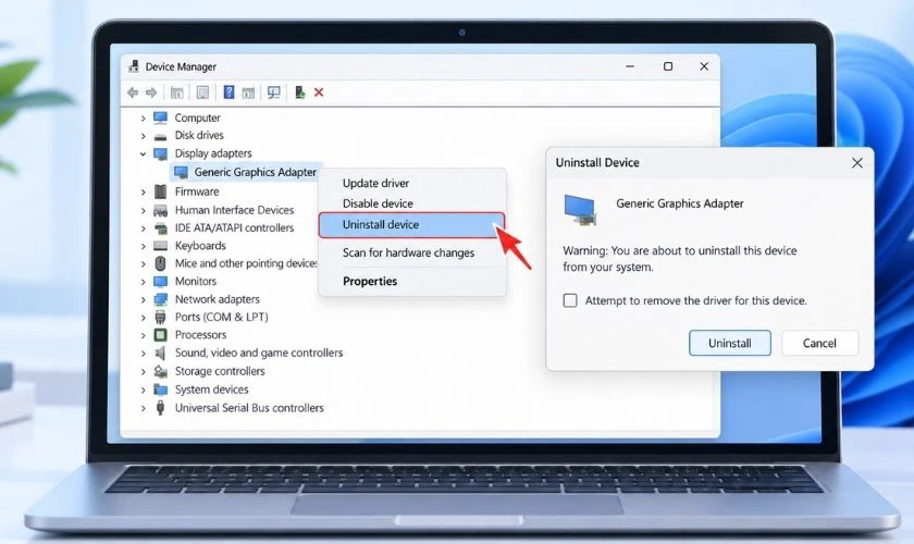 Nhấn chuột phải vào bộ điều hợp màn hình và chọn Uninstall device