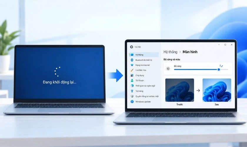 Sau khi vào Windows, kiểm tra lại Settings > System > Display và thử điều chỉnh Brightnes