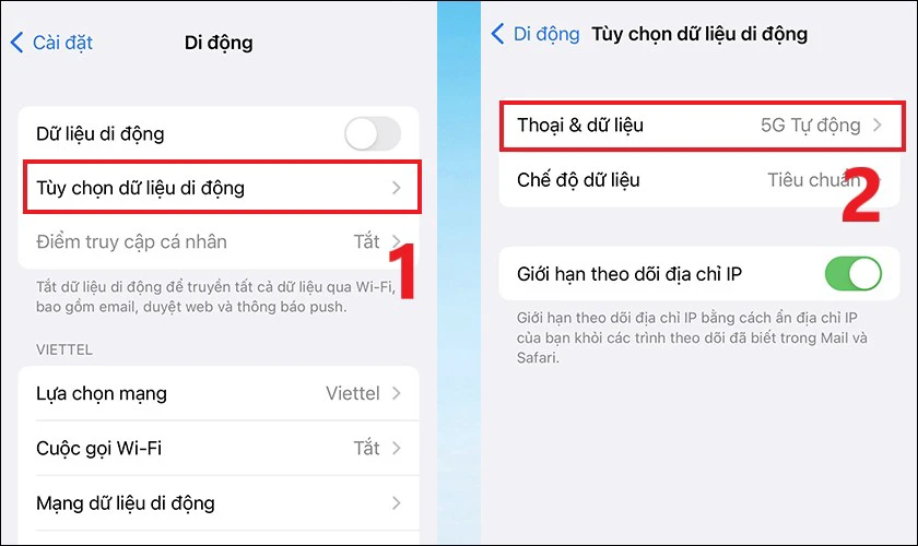 Nhấn T&ugrave;y chọn dữ liệu di động v&agrave; chọn Thoại & dữ liệu