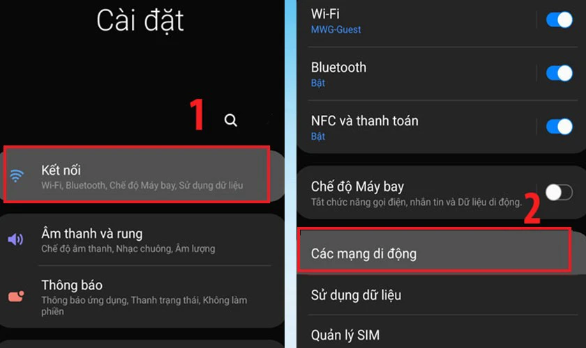 Chọn Kết nối rồi chọn C&aacute;c mạng di động