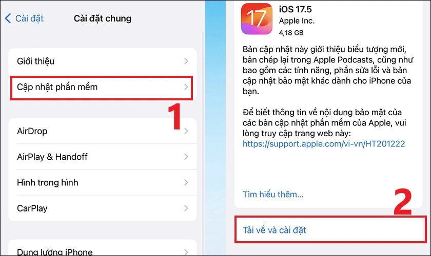 Chọn tiếp mục Cập nhật phần mềm v&agrave; chọn Tải về v&agrave; C&agrave;i đặt