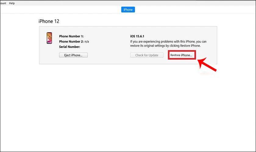 Nhấp v&agrave;o n&uacute;t Restore iPhone (Kh&ocirc;i phục iPhone)