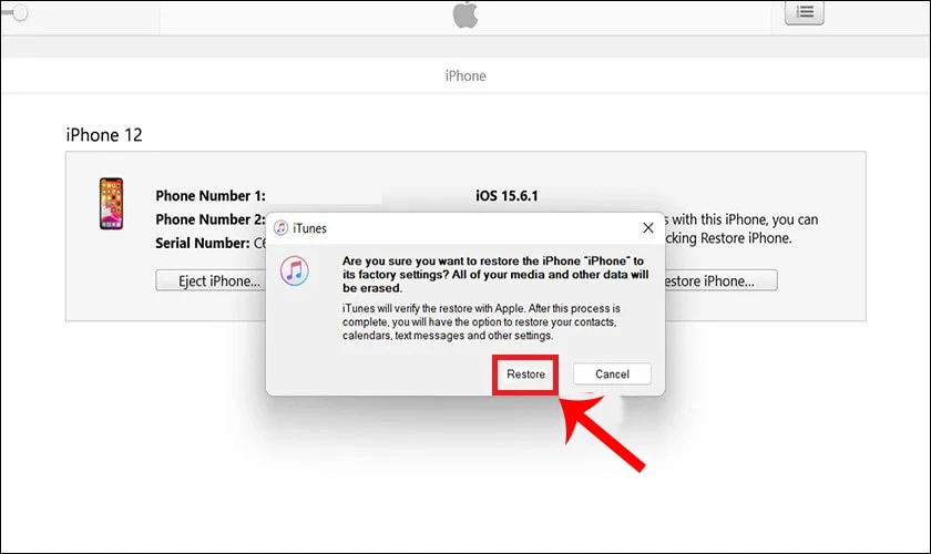 Nhấn Restore v&agrave; chờ tiến tr&igrave;nh kh&ocirc;i phục