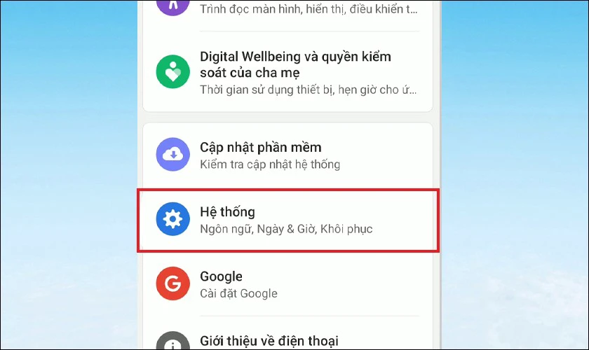 Mở v&agrave;o c&agrave;i đặt rồi nhấn chọn mục Hệ thống