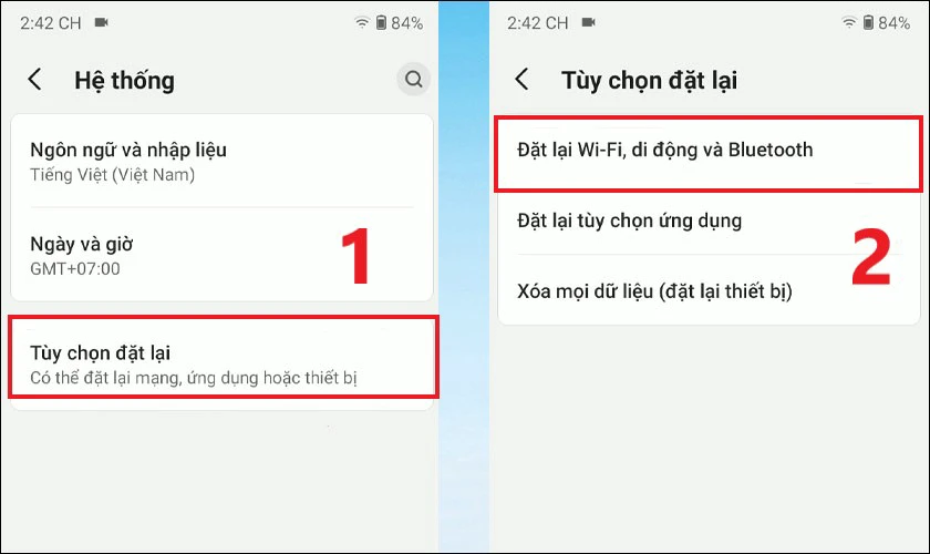 Nhấn v&agrave;o T&ugrave;y chọn đặt lại rồi chọn Đặt lại Wi-Fi, di động v&agrave; Bluetooth