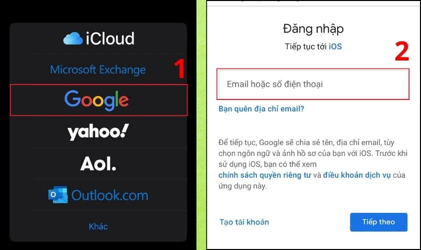 Chọn Google rồi th&ecirc;m lại t&agrave;i khoản Gmail của bạn