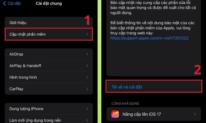 V&agrave;o cập nhật phần mềm v&agrave; chọn tải về v&agrave; c&agrave;i đặt để update iOS