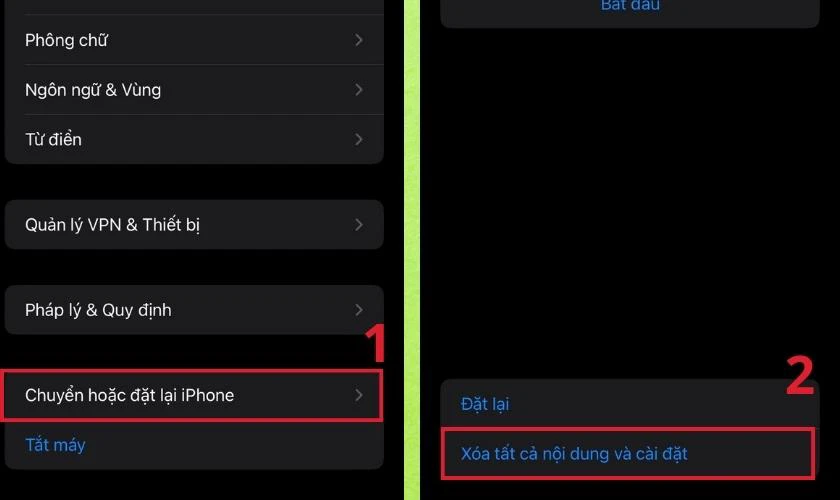 Chọn Chuyển hoặc đặt lại iPhone v&agrave; chọn tiếp X&oacute;a tất cả nội dung v&agrave; c&agrave;i đặt
