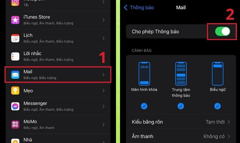 V&agrave;o Mail v&agrave; gạt thanh cho ph&eacute;p th&ocirc;ng b&aacute;o l&ecirc;n