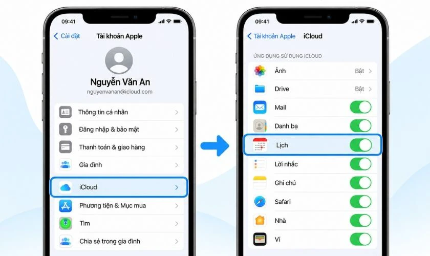 Vào phần iCloud và kiểm tra Lịch đã được bật hay chưa