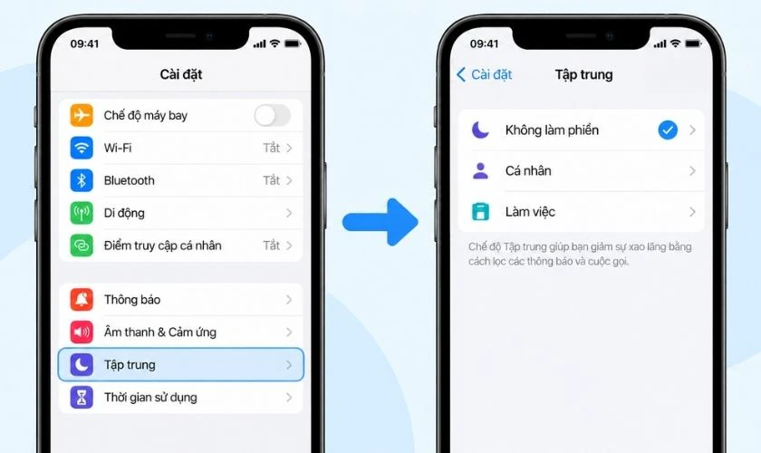 Vào Cài đặt, chọn Tập trung và kiểm tra chế độ đang hoạt động