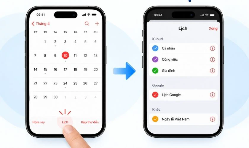 Kiểm tra lịch đang được hiển thị và tài khoản đồng bộ