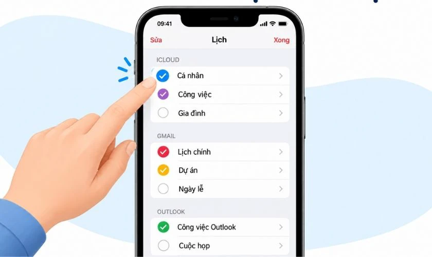 Kiểm tra các lịch iCloud, Gmail, Outlook hoặc tài khoản khác cần sử dụng