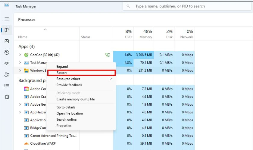 Restart quy trình Windows Explorer sửa lỗi Location is not available