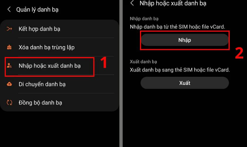 V&agrave;o mục Nhập hoặc Xuất danh bạ v&agrave; chọn Nhập