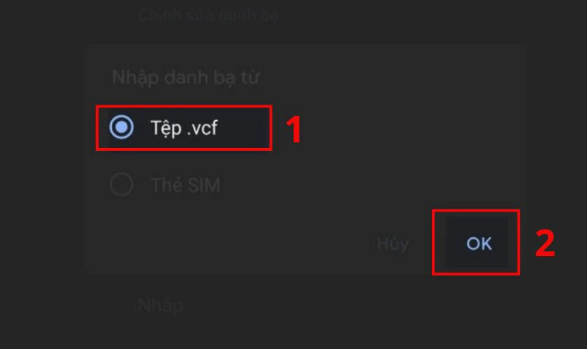 Chọn file danh bạ c&oacute; đu&ocirc;i &ldquo;.vcf&rdquo; v&agrave; bấm OK để sửa lỗi mất danh bạ tr&ecirc;n Samsung