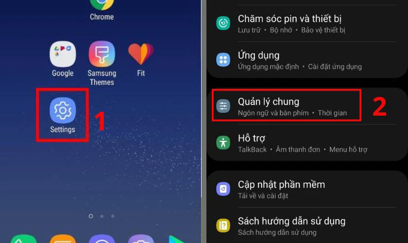 bạn mở C&agrave;i đặt (Settings), chọn mục Quản l&yacute; chung