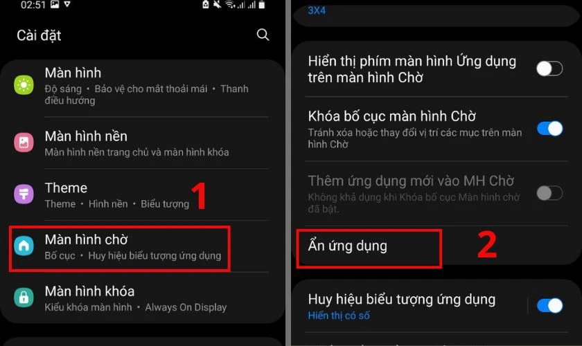 Bấm chọn M&agrave;n h&igrave;nh chờ, chọn Ẩn ứng dụng trong C&agrave;i đặt