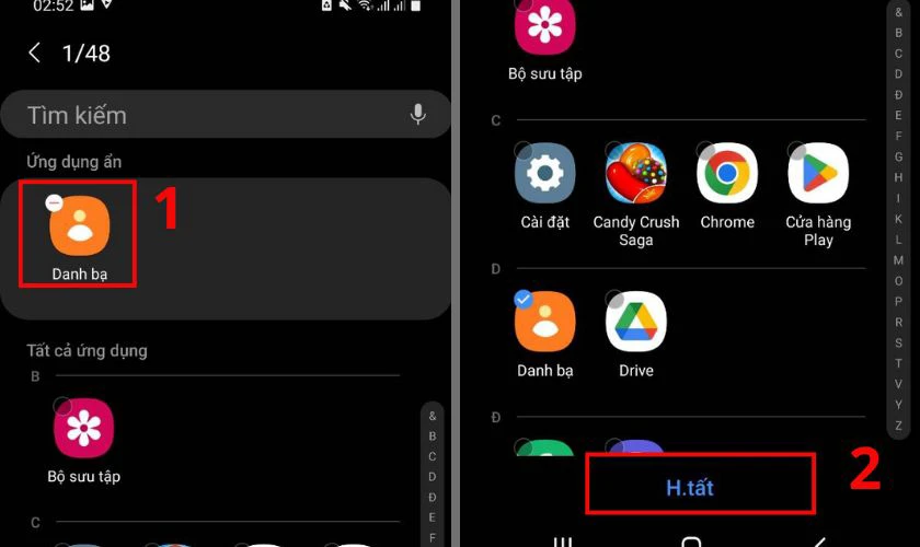 Nhấn v&agrave;o dấu gạch ở g&oacute;c tr&aacute;i Danh bạ v&agrave; Ho&agrave;n tất sửa lỗi mất danh bạ tr&ecirc;n Samsung
