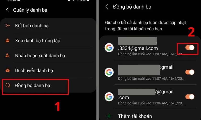 Chọn Đồng bộ danh bạ v&agrave; bật n&uacute;t Samsung Account