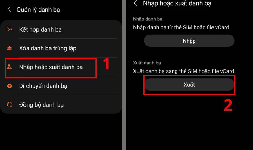 Bạn chọn Nhập hoặc Xuất danh bạ v&agrave; chọn Xuất